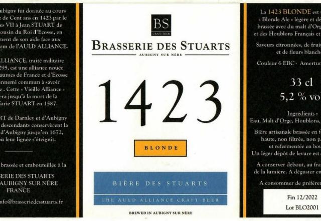 1423 Blonde 5.3%, Brasserie Des Stuarts, France