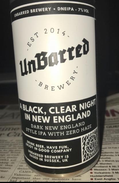 A Black, Clear Night In New England 7.0%, UnBarred Brewery, England