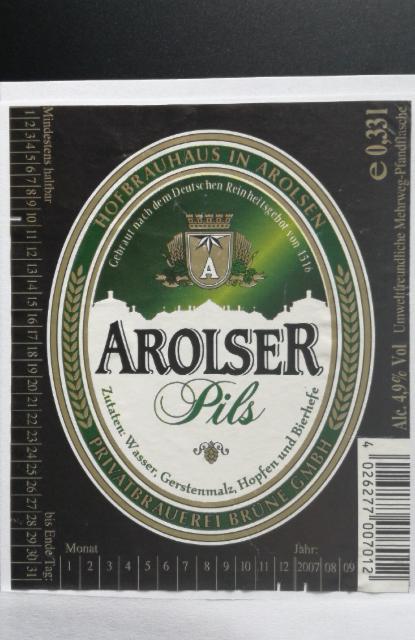 Arolser Pils 4.8%, Hofbrauhaus Arolsen, Germany