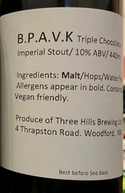 B.P.A.V.K Triple Chocolate 10.0%, Three Hills Brewing, England