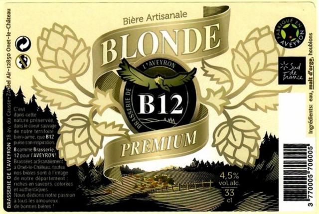 B12 Blonde Premium 4.5%, Brasserie De L'Aveyron (B12), France