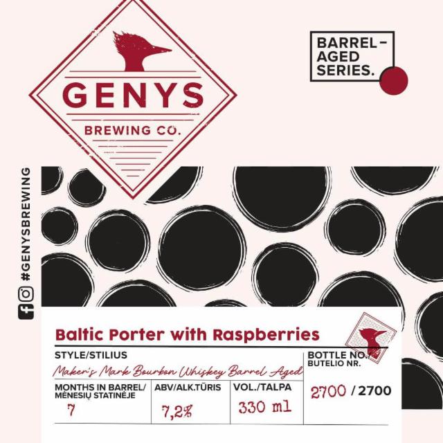 Baltic Porter With Raspberries Maker's Mark Bourbon Whiskey Barrel Aged 7.2%, Genys Brewing Co., Lithuania