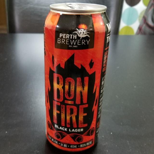 Bon fire black lager 5.1%, Perth Brewery, Canada