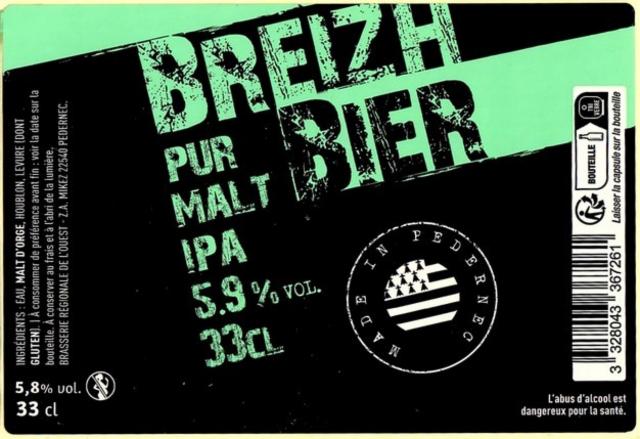 Breizh Bier IPA 5.9%, Brasserie Régionale De L'Ouest (Ex L'Hirondelle - Ménez Bré), France