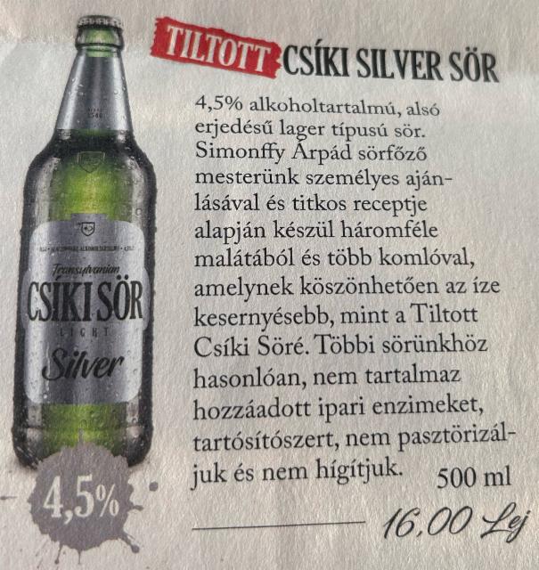 Csiki Silver Sör 4.5%, Csíki Sör Manufaktúra, Romania