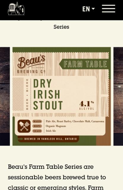 Dry Irish Stout 4.1%, Beau's All Natural Brewing Company, Canada