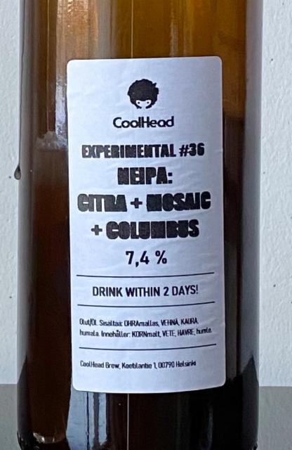 Experimental #36: NEIPA: Citra + Mosaic + Columbus 7.4%, CoolHead Brew, Finland
