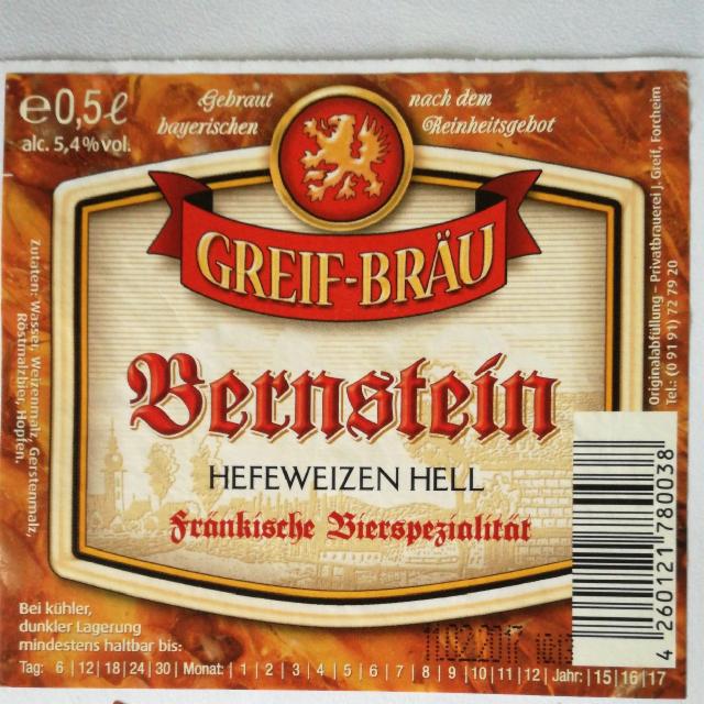 Greif Bräu Bernstein 5.4%, Privatbrauerei J.Greif Forchheim, Germany