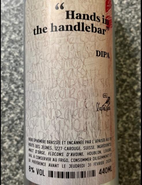 Hands In The Handlebar 8.0%, Brasserie L'Apaisée, Switzerland