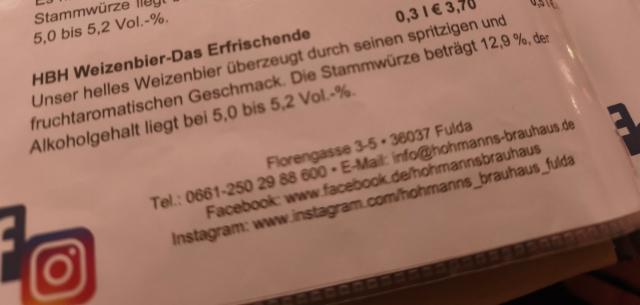 HBH Weizen 5.0%, Hohmanns Brauerei Fulda, Germany