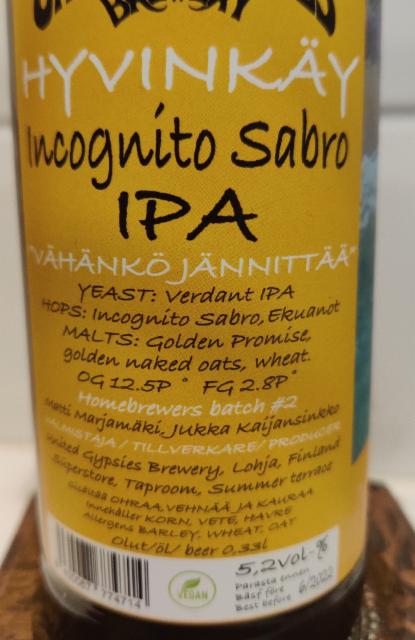 Hyvinkäy - Incognito Sabro IPA 5.2%, United Gypsies (UG) Brewery, Finland