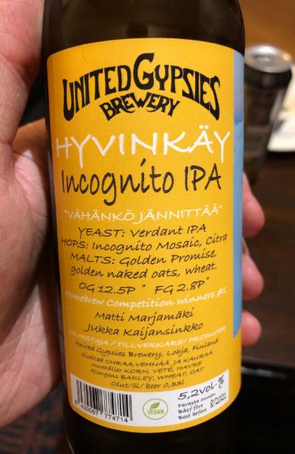 Hyvinkäy - Incognito IPA 5.2%, United Gypsies (UG) Brewery, Finland