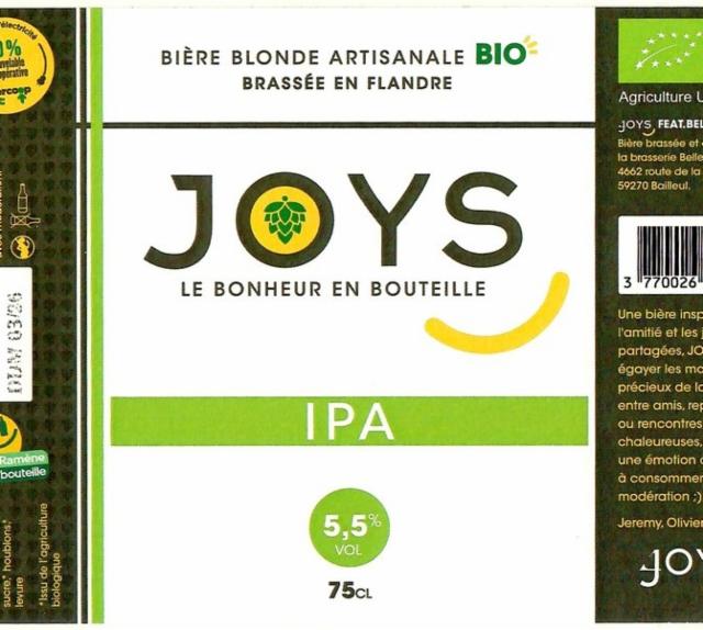 Joys IPA 5.5%, Brasserie Bellenaert, France