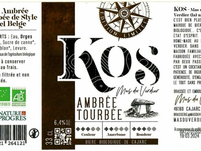 KOS Ambrée Tourbée 6.4%, KOS - Mas Du Verdier, France