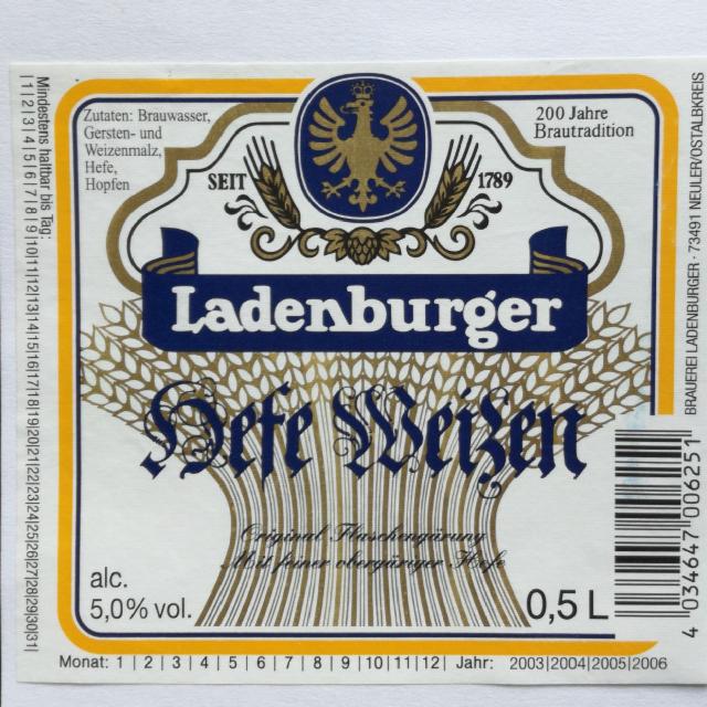 Ladenburger Hefe Weizen 5.2%, Brauerei Ladenburger, Germany