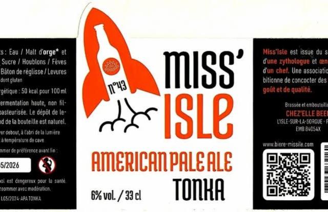 Miss'Isle N°43 American Pale Ale Tonka 6.0%, Chez'Elle Beer (Miss'Isle), France