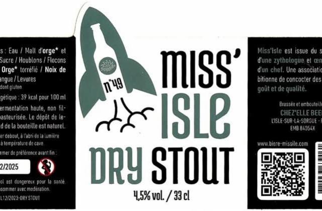 Miss'Isle N°49 Dry Stout 4.5%, Chez'Elle Beer (Miss'Isle), France