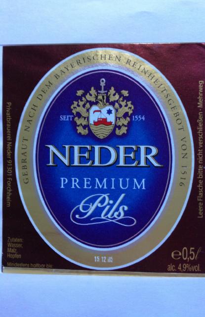 Neder Premium Pils 4.9%, Privatbrauerei Neder, Germany