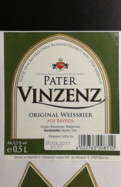 Pater Vinzenz Original Weissbier, hofmeier& Furtmayr GbR