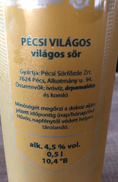 Pécsi Világos Sör 4.5%, Pécsi Sörfözde (Ottakringer), Hungary