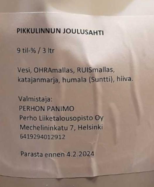 Pikkulinnun Joulusahti 9.0%, Perhon Panimo, Finland
