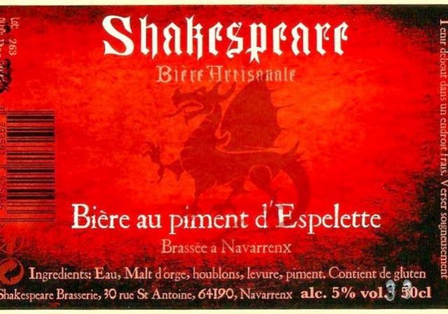 Shakespeare Au Piment D'Espelette 5.0%, Brasserie Shakespeare, France