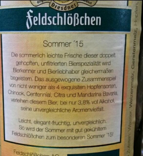 Sommer '15 3.5%, Feldschlößchen Dresden (TCB Beverages), Germany