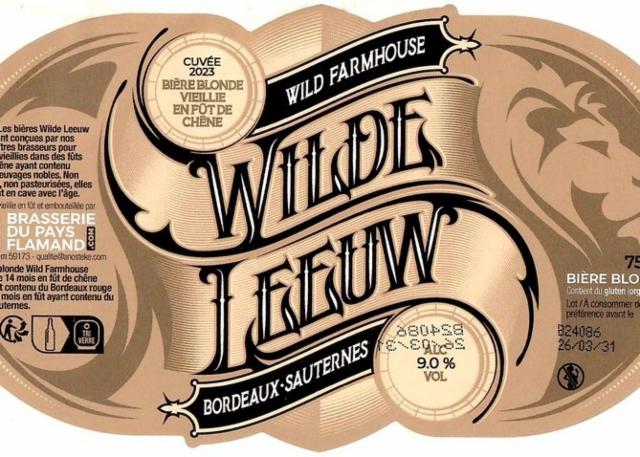 Wilde Leeuw 2023 Wild Farmhouse (Bordeaux - Sauternes) 9.0%, Brasserie Du Pays Flamand, France