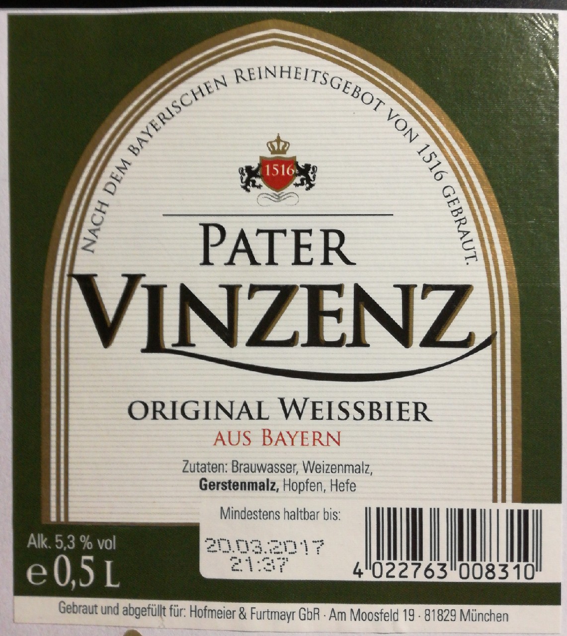 Pater Vinzenz Original Weissbier, hofmeier& Furtmayr GbR