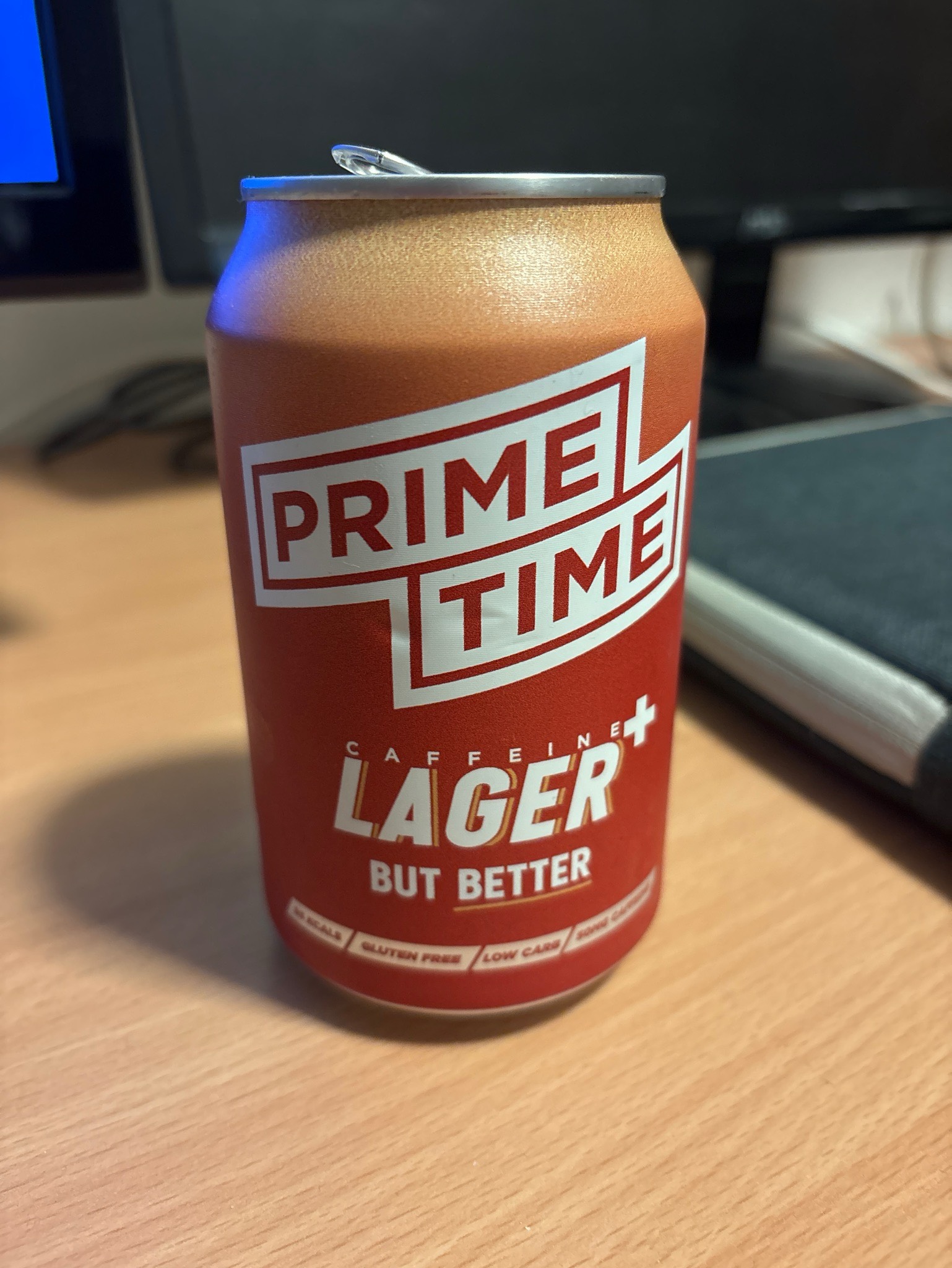 Prime time caffeine+ lager, England