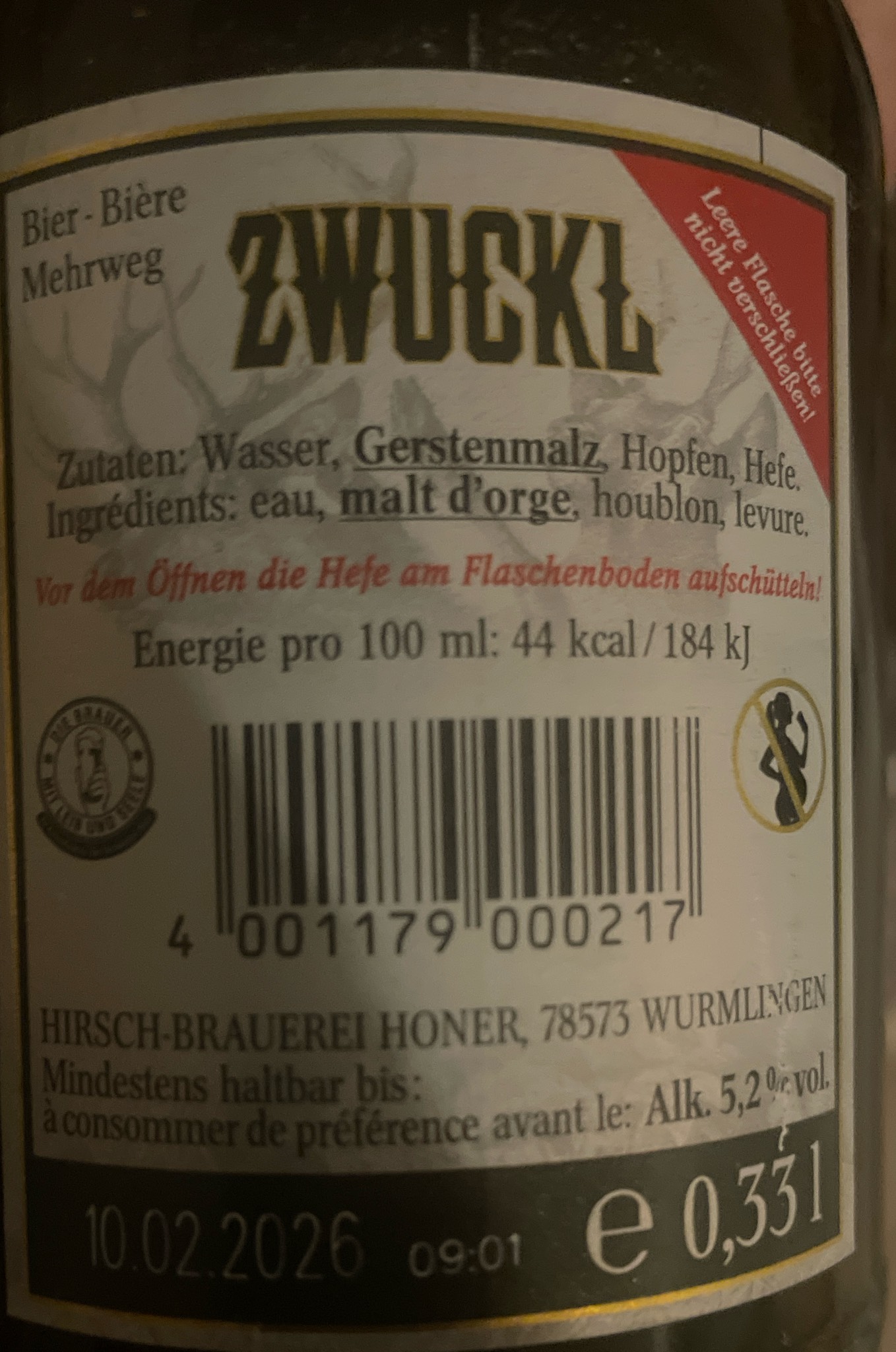 Hirsch Zwickl / Zwuckl, Hirsch-Brauerei Honer