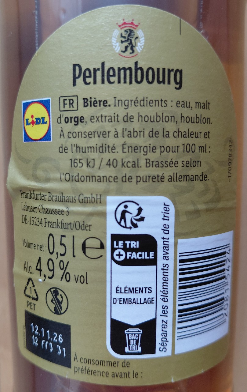 Perlembourg GOLD (bouteille plastique 50cl), Frankfurter Brauhaus (TCB Beverages)